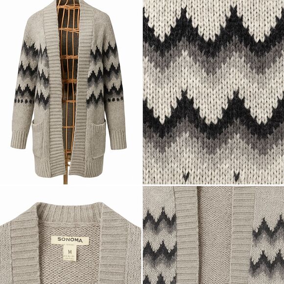 Sonoma Life + Style Fair Isle Open Front Cardigan Gray Black Knit Women’s M - Picture 2 of 13